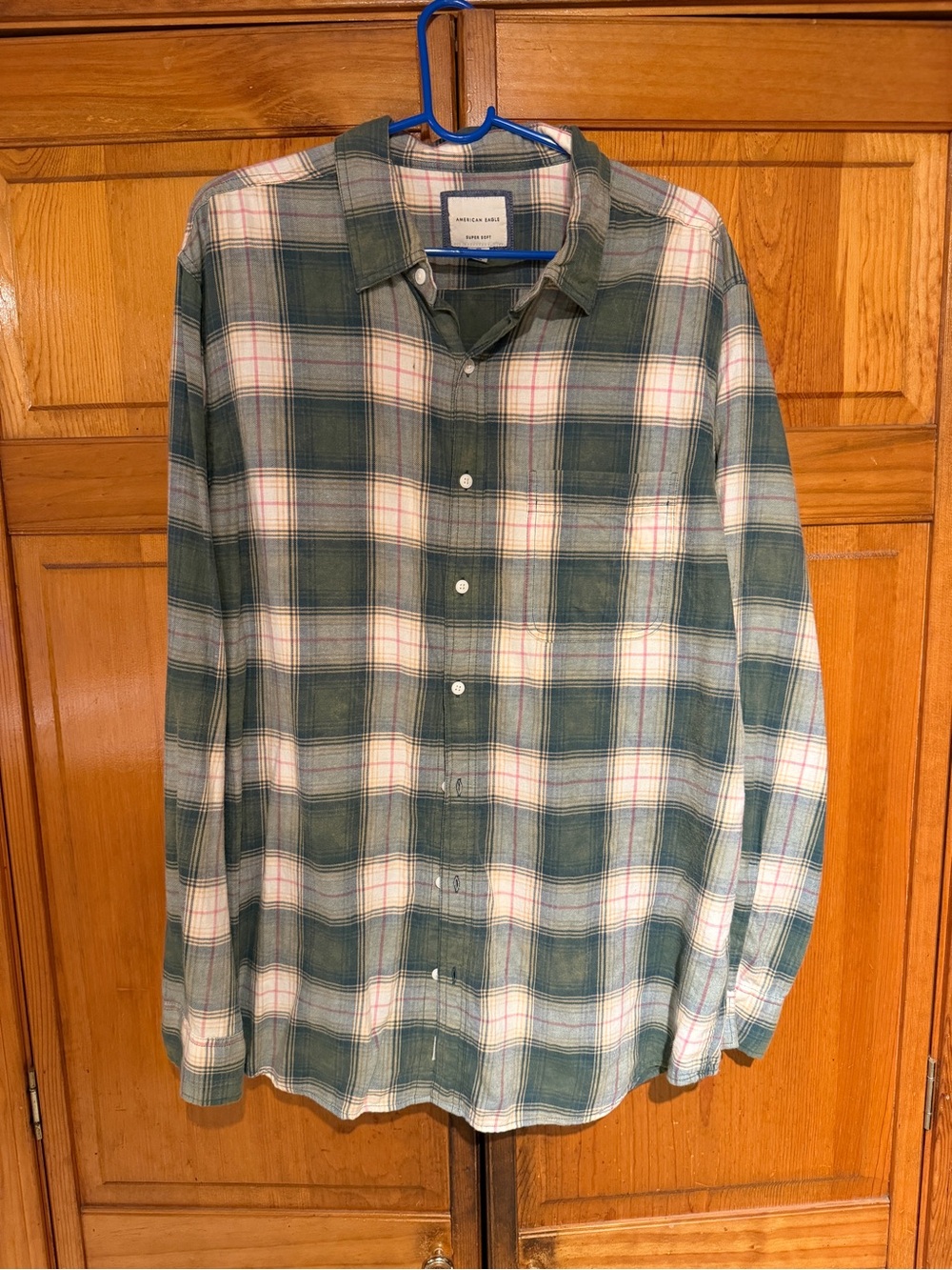 American Eagle Outfitters Green and White Plaid Button-Down Shirt
